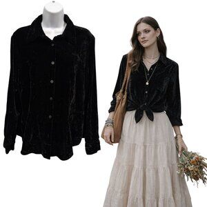 Hearts of Palm Crushed Velvet Button Down Shirt Womens 12 Witchy Goth Workwear